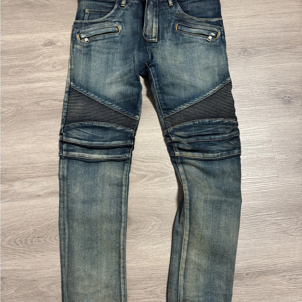 Balmain Men’s Slim Straight Biker Jeans in Washed Blue